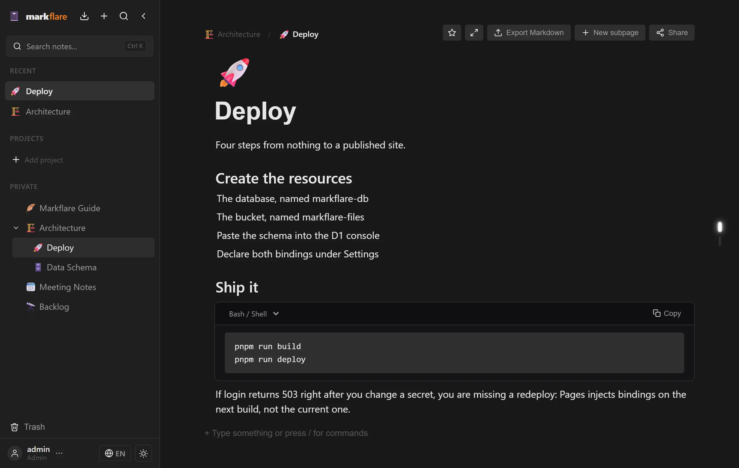 The Deploy subpage inside Architecture, with a list of steps and a shell code block.