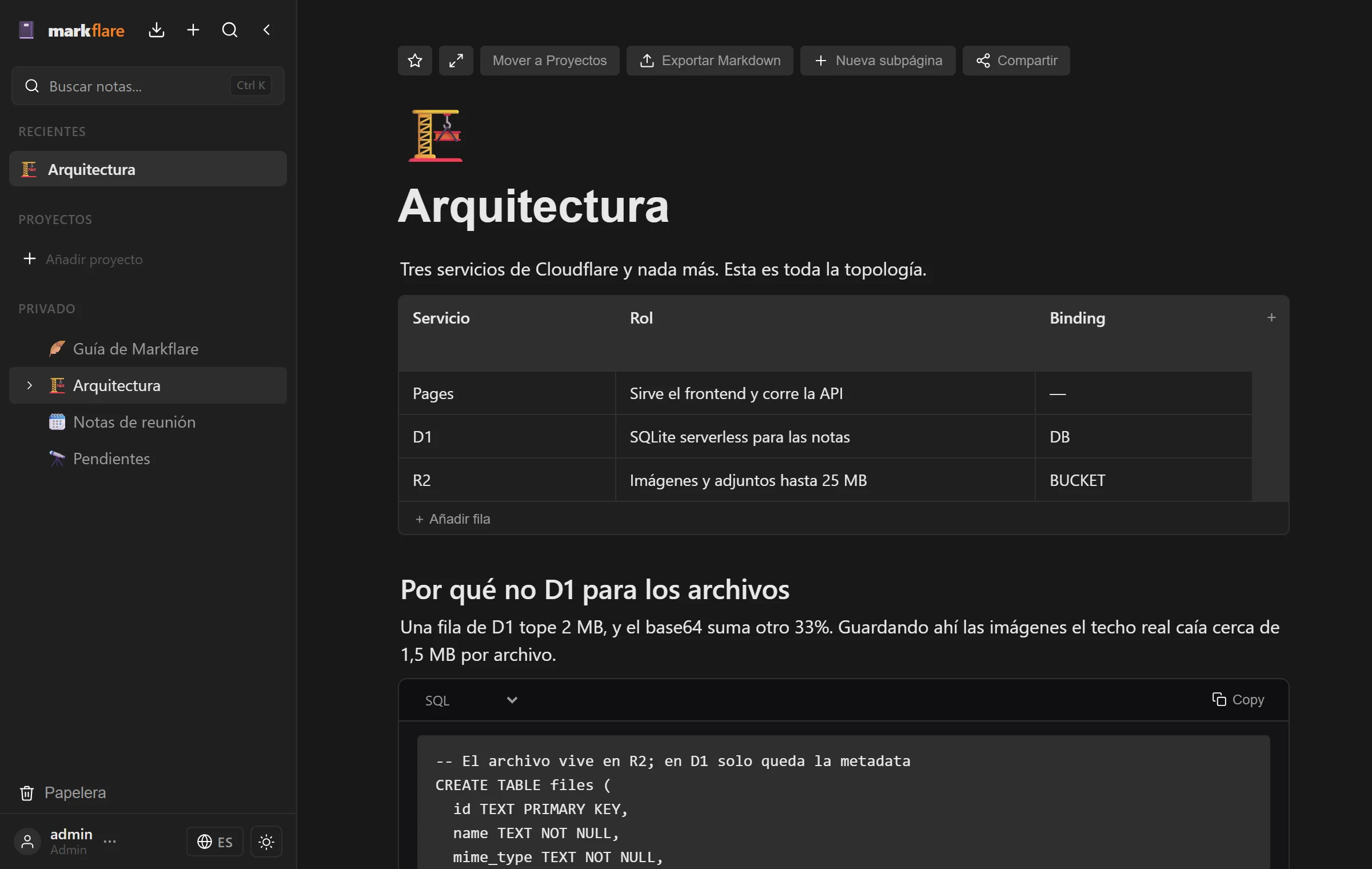 El editor de Markflare: el árbol de páginas a la izquierda y la página Arquitectura con una tabla de servicios y un bloque de código SQL.